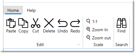 Image of WPF ribbon control with tabs, groups and buttons.
